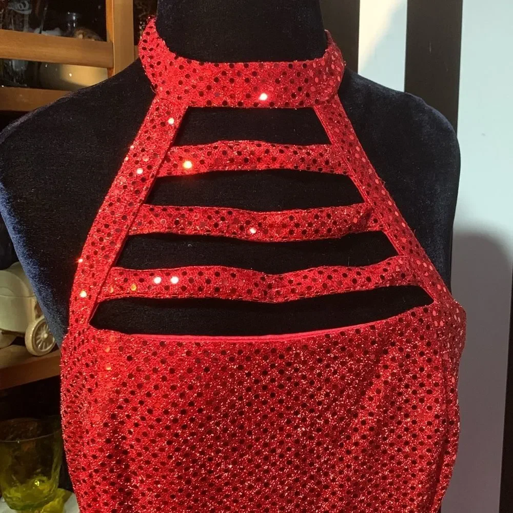 Sexy Retro Vintage 90s Red Sequin Floor Length Formal Gown Halter Neck Leg Slit - Picture 2 of 16